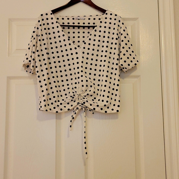 Zara Tops - Zara Polka Dot Black & White Keyhole Crop Blouse Size L